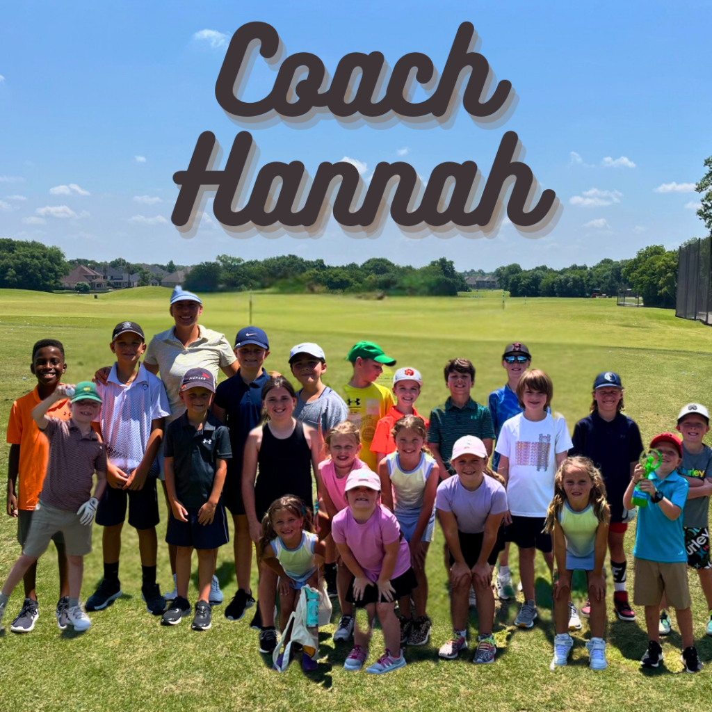 Coach Hannah poses with a group of smiling junior golfers on the driving range at Buffalo Creek Golf Club during the final day of their youth clinic.